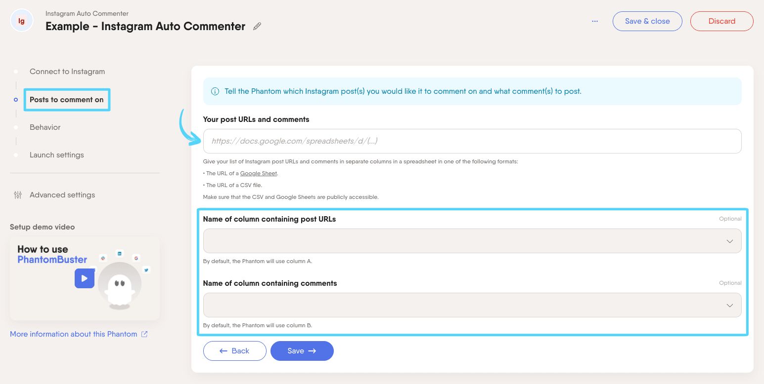 PhantomBuster Instagram Auto Commenter step 2 providing your post URLs and comments spreadsheet