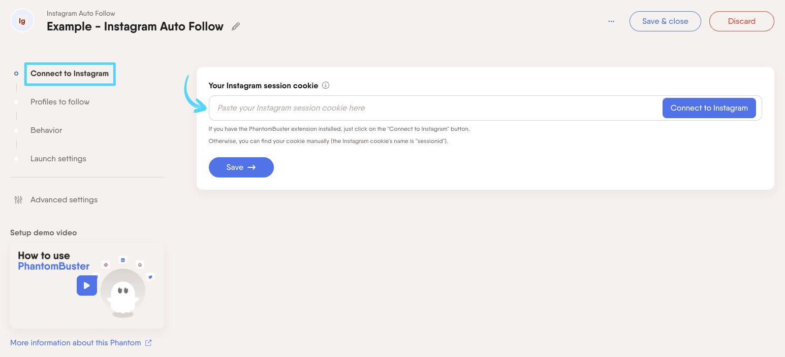 PhantomBuster Instagram Auto Follow step 1 connecting your Instagram account