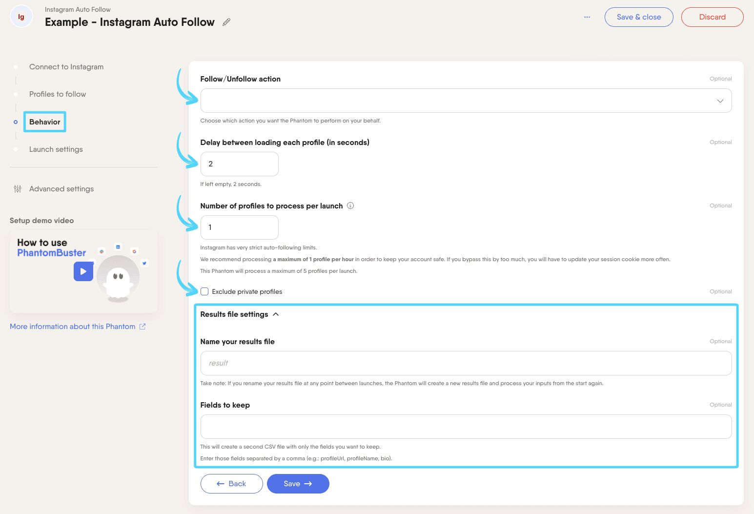 PhantomBuster Instagram Auto Follow step 3 choosing the action and configuring processing