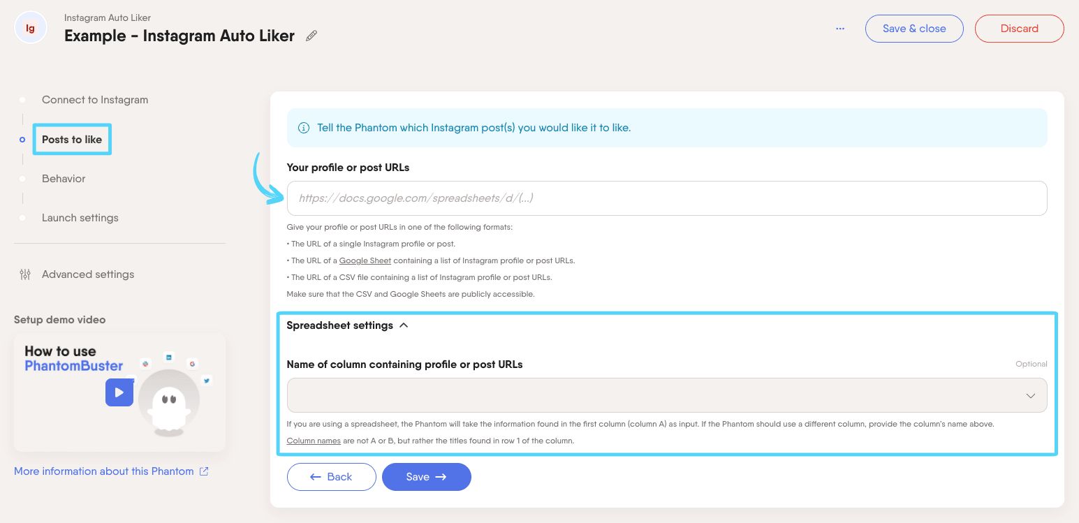 PhantomBuster Instagram Auto Liker step 2 providing profile or post URL inputs