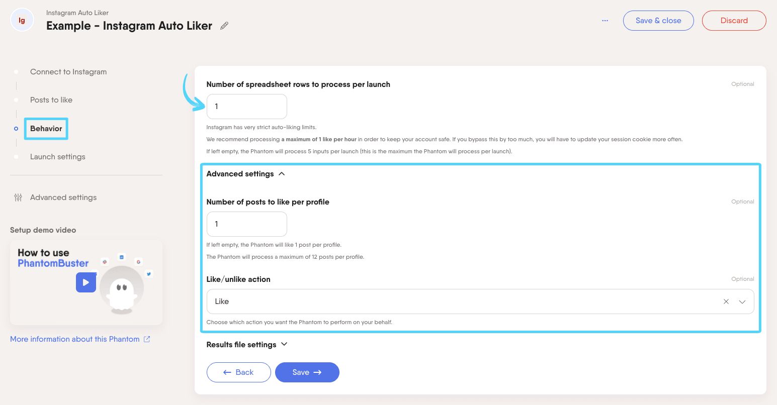 PhantomBuster Instagram Auto Liker step 3 advanced settings posts per profile and like or unlike action