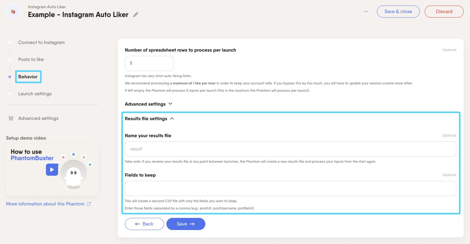 PhantomBuster Instagram Auto Liker step 3 result file settings dropdown