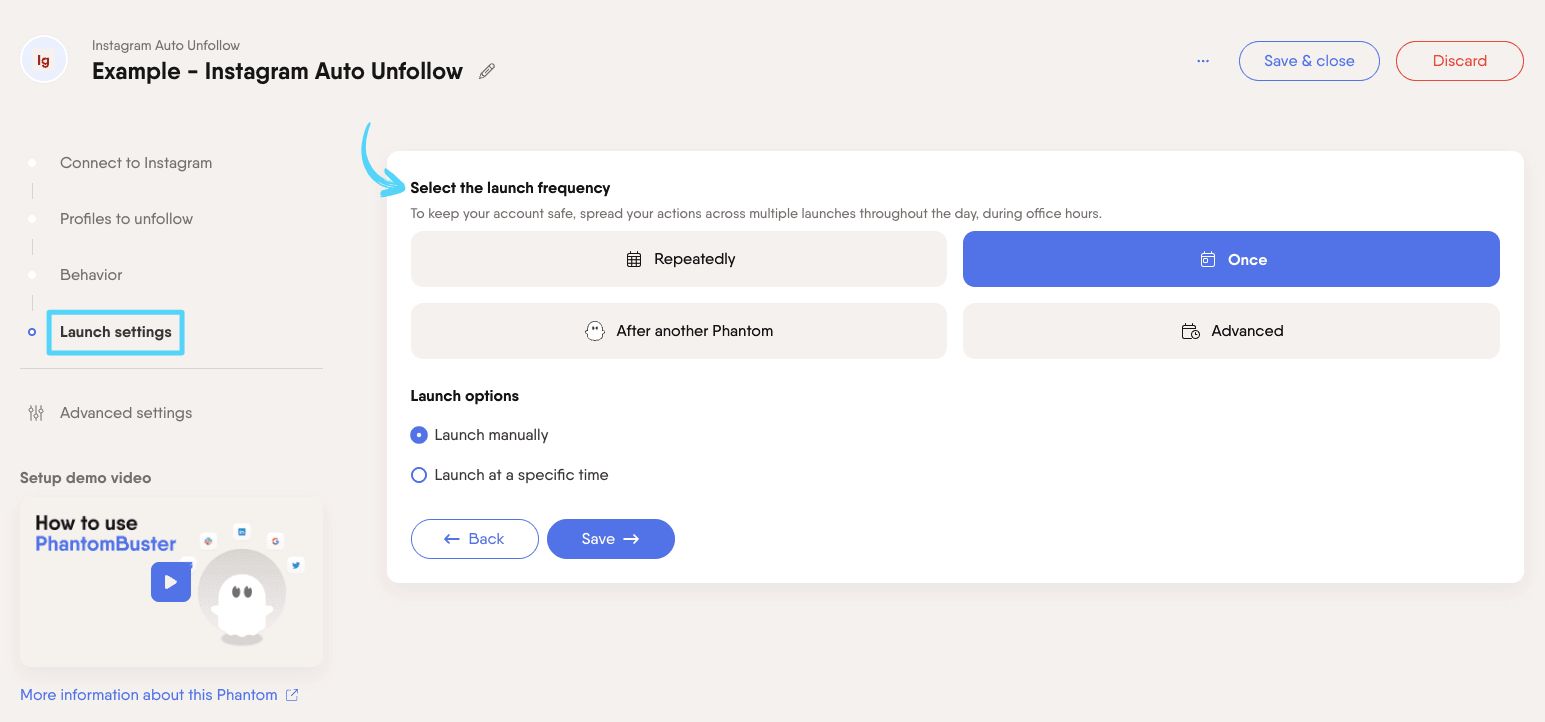 PhantomBuster Instagram Auto Unfollow step 4 selecting launch frequency