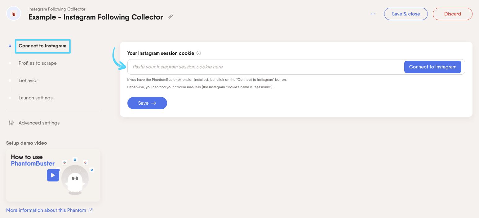 PhantomBuster Instagram Following Collector step 1 connecting your Instagram account