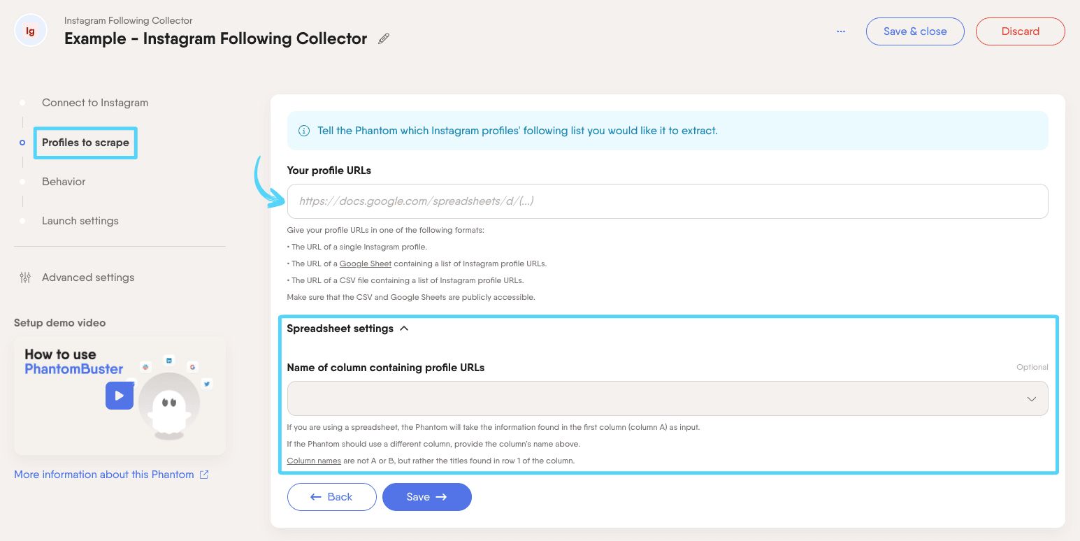PhantomBuster Instagram Following Collector step 2 providing the profiles to extract followings from