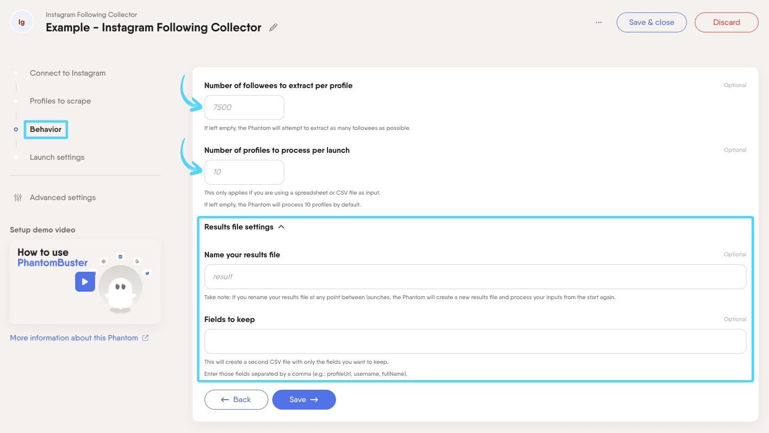PhantomBuster Instagram Following Collector step 3 configuring following extraction limits