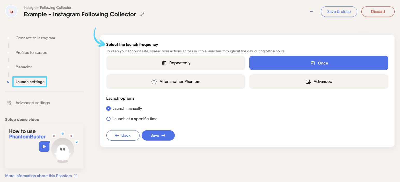 PhantomBuster Instagram Following Collector step 4 selecting launch frequency