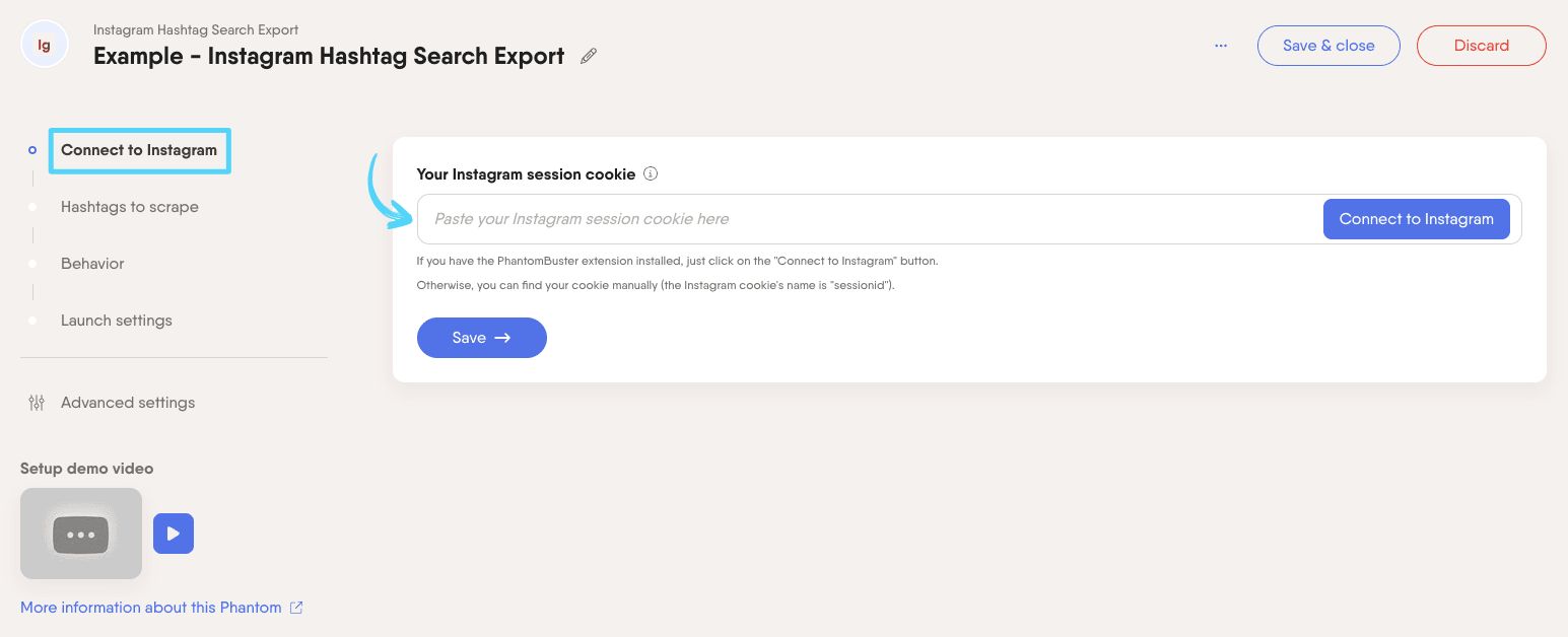 PhantomBuster Instagram Hashtag Search Export step 1 connecting your Instagram account