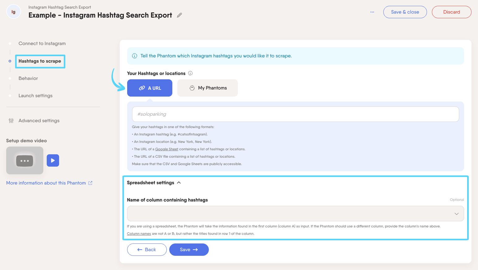PhantomBuster Instagram Hashtag Search Export step 2 providing hashtags or location and hashtag pairs