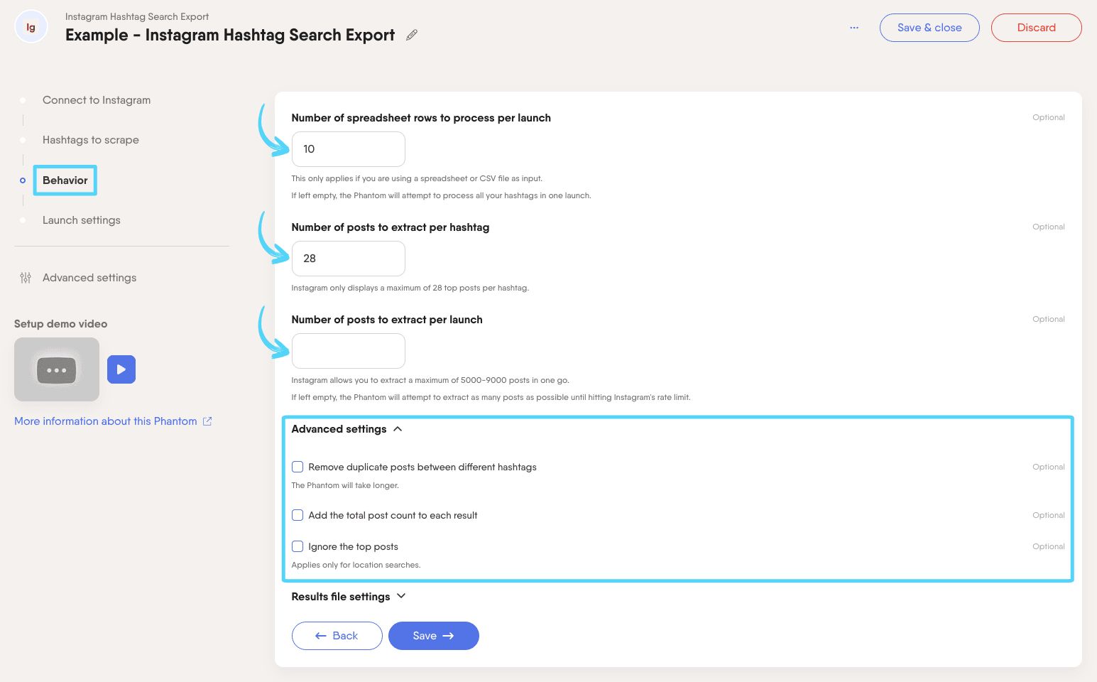 PhantomBuster Instagram Hashtag Search Export step 3 advanced settings for deduplication and top posts