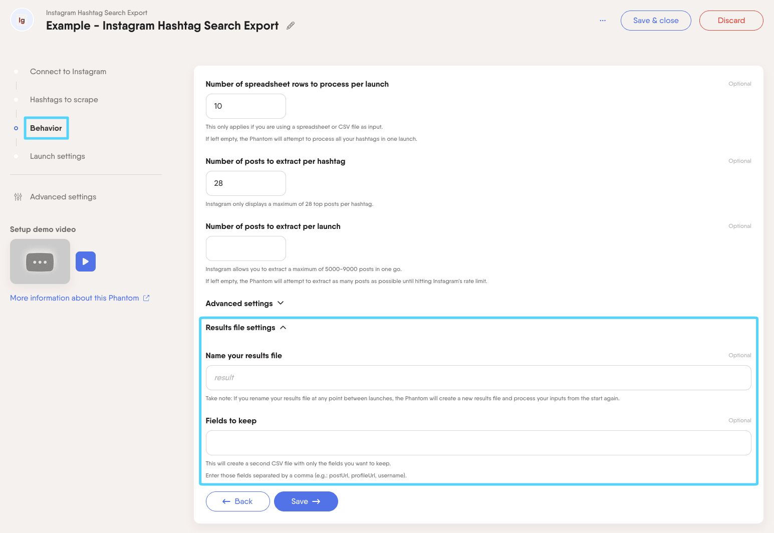 PhantomBuster Instagram Hashtag Search Export step 3 result file settings dropdown