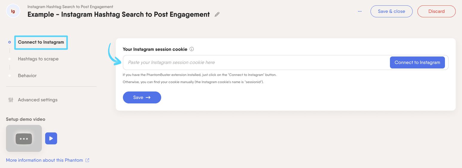 PhantomBuster Instagram Hashtag Search to Post Engagement step 1 connecting your Instagram account
