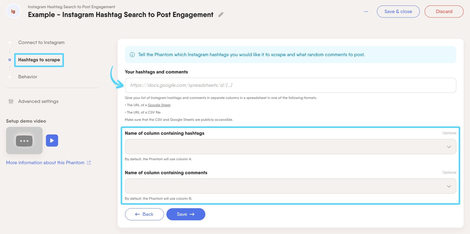 PhantomBuster Instagram Hashtag Search to Post Engagement step 2 providing your hashtags and comments spreadsheet