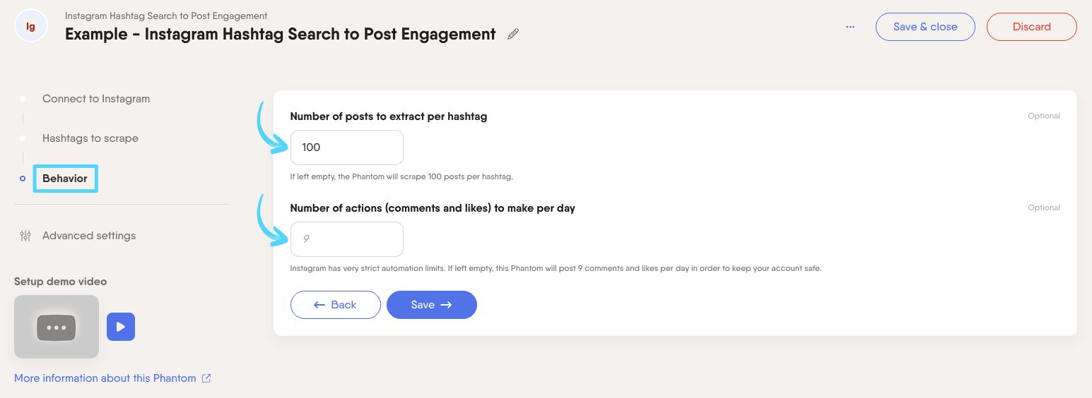 PhantomBuster Instagram Hashtag Search to Post Engagement step 3 configuring posts per hashtag and daily action limits
