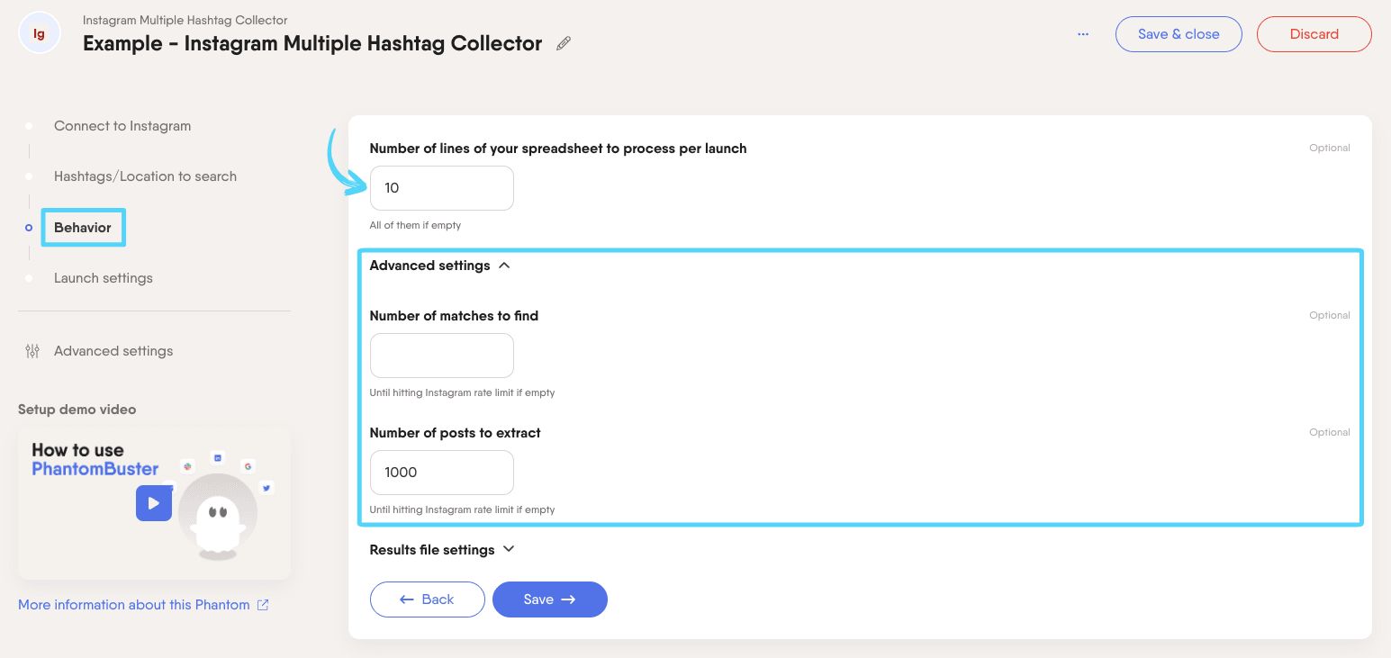 PhantomBuster Instagram Multiple Hashtag Collector step 3 advanced settings for matches and posts to extract