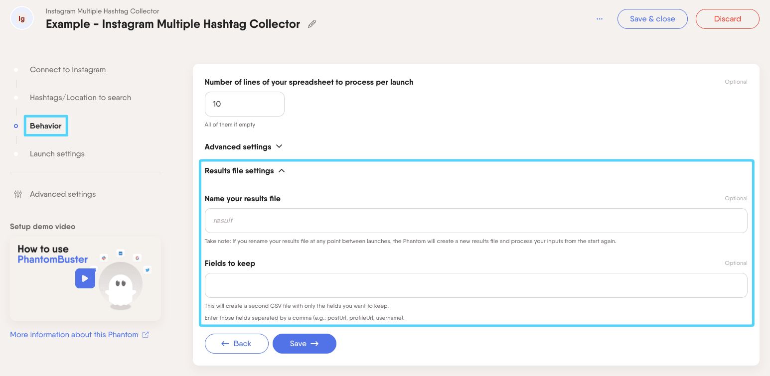 PhantomBuster Instagram Multiple Hashtag Collector step 3 result file settings dropdown