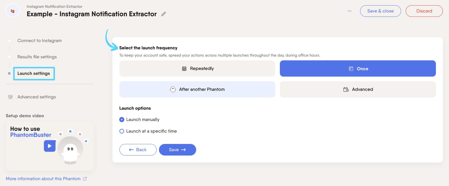 PhantomBuster Instagram Notification Extractor step 3 selecting launch frequency