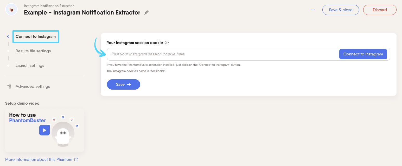 PhantomBuster Instagram Notification Extractor step 1 connecting your Instagram account