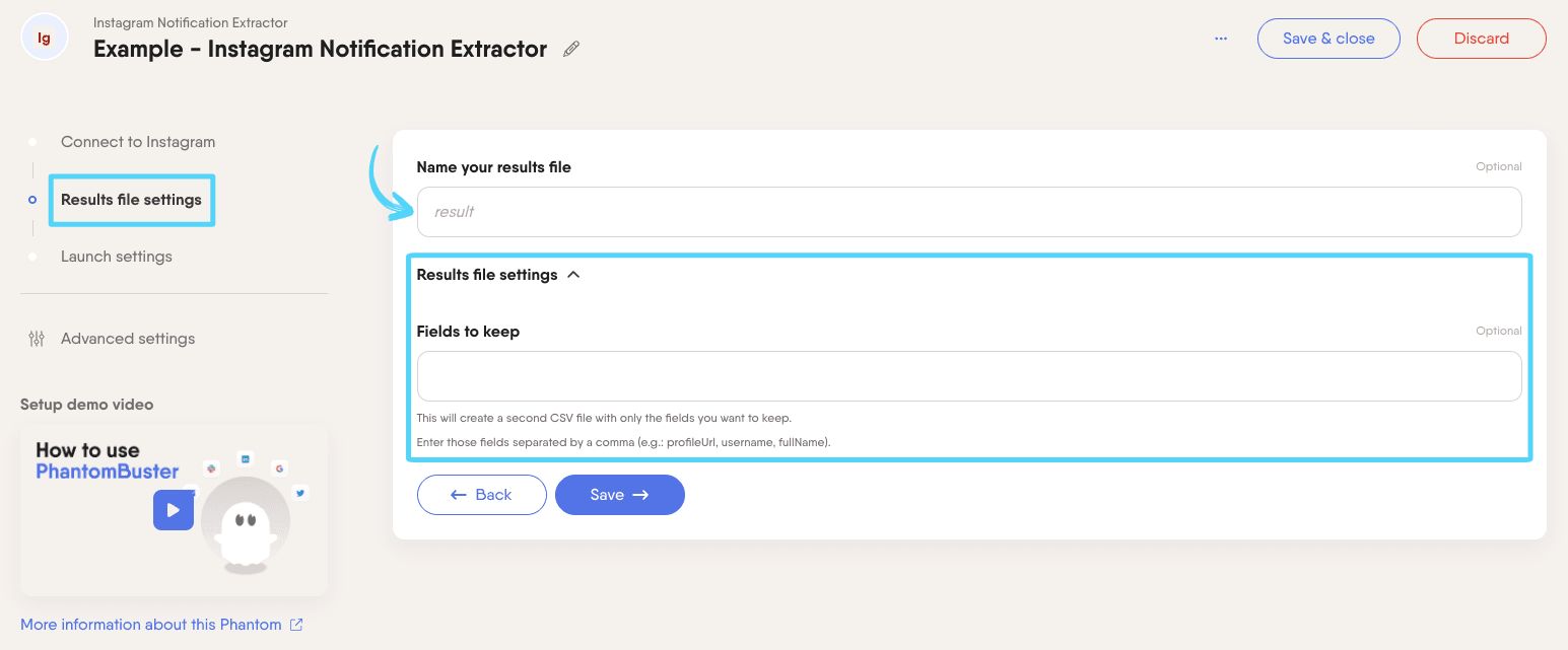 PhantomBuster Instagram Notification Extractor step 2 configuring your results file settings