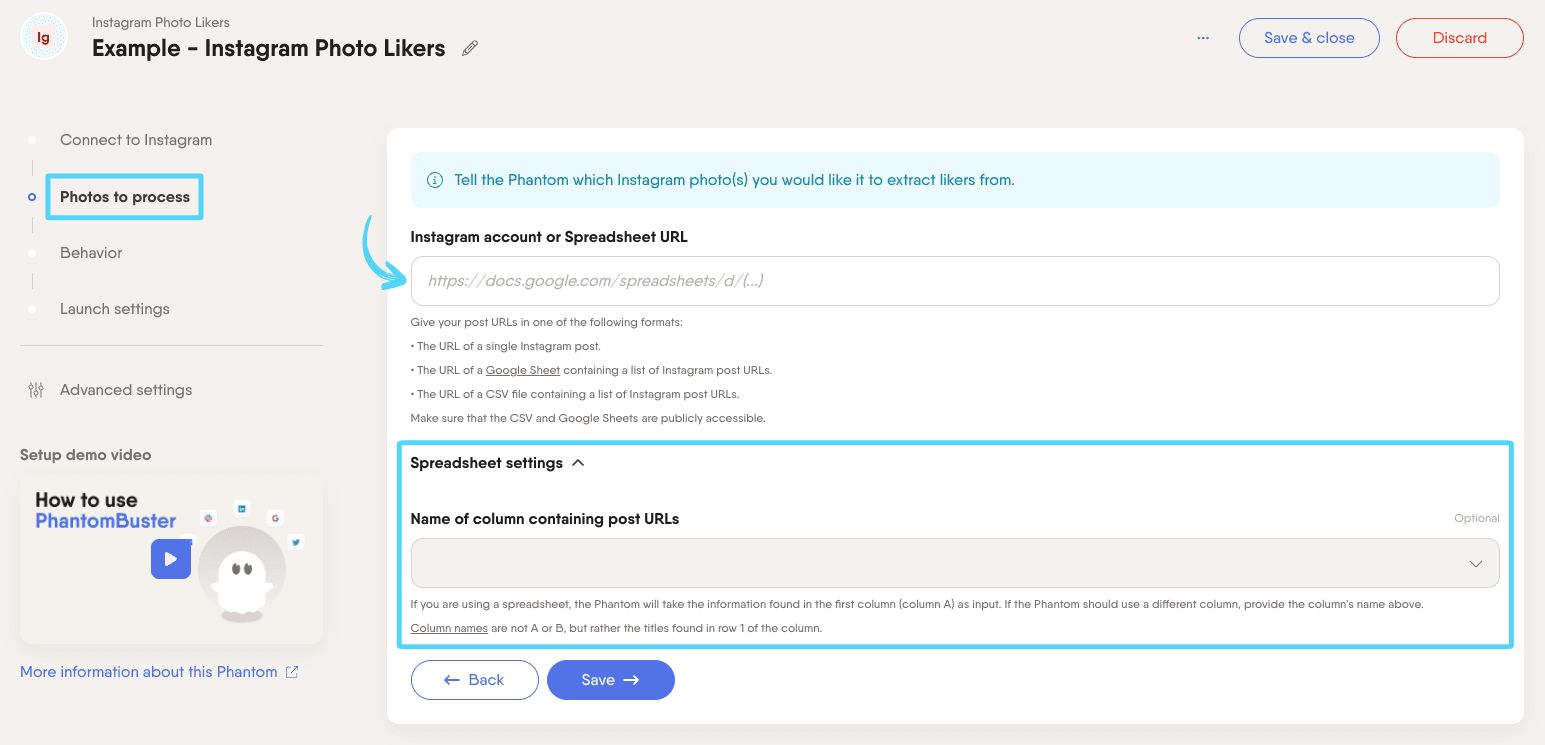 PhantomBuster Instagram Photo Likers step 2 providing your Instagram post URLs