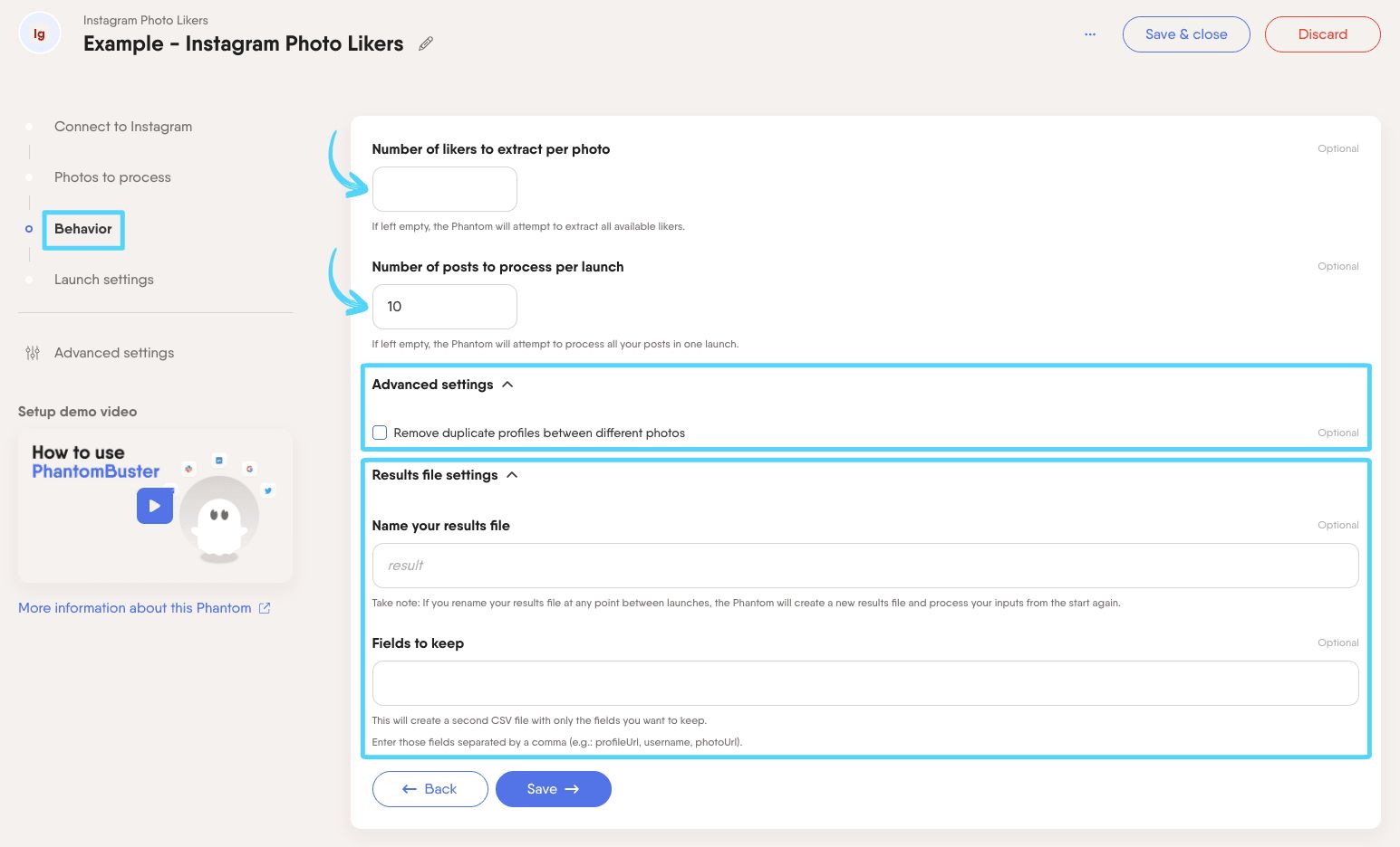 PhantomBuster Instagram Photo Likers step 3 configuring liker extraction limits