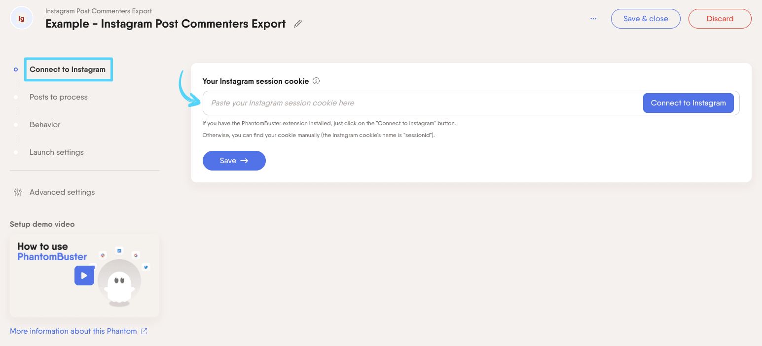 PhantomBuster Instagram Post Commenters Export step 1 connecting your Instagram account