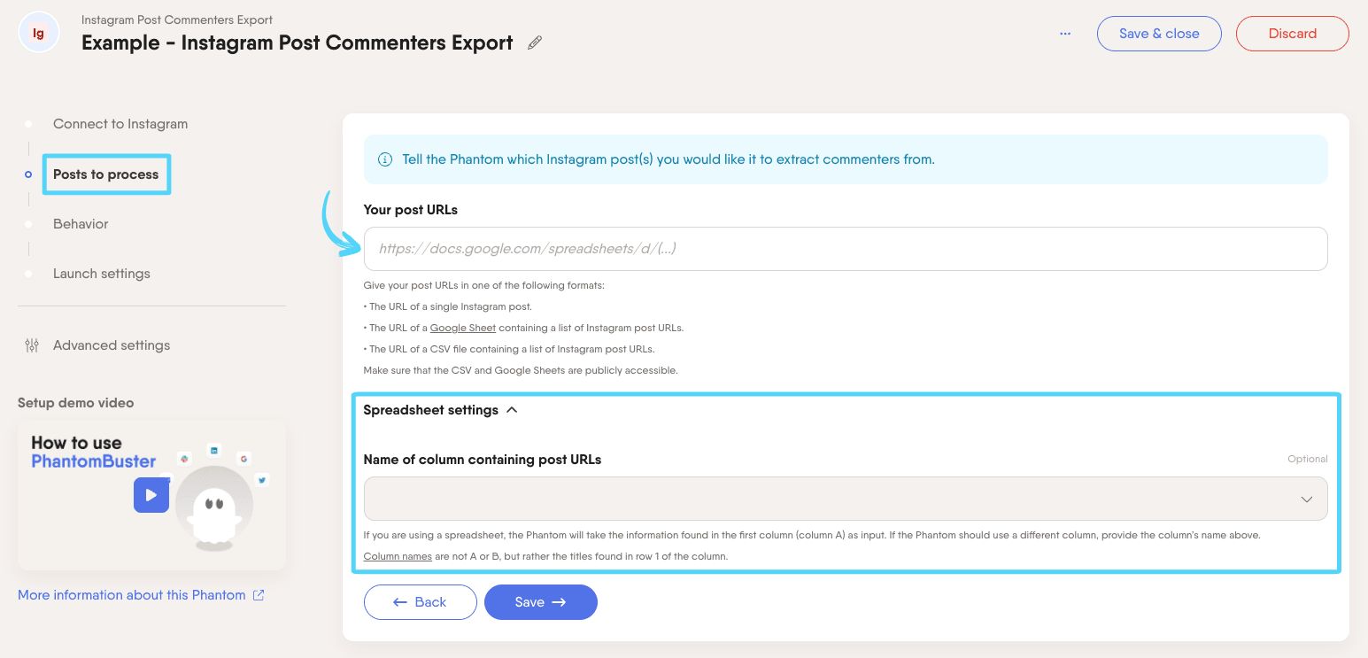 PhantomBuster Instagram Post Commenters Export step 2 providing your Instagram post URLs