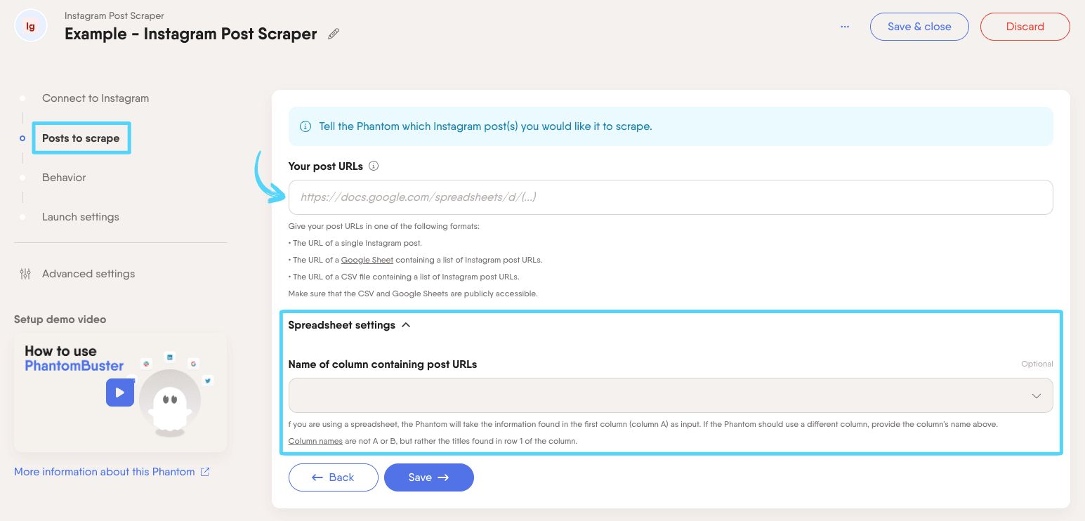 PhantomBuster Instagram Post Scraper step 2 providing your Instagram post URLs