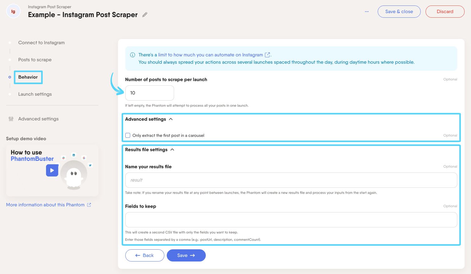 PhantomBuster Instagram Post Scraper step 3 configuring extraction options