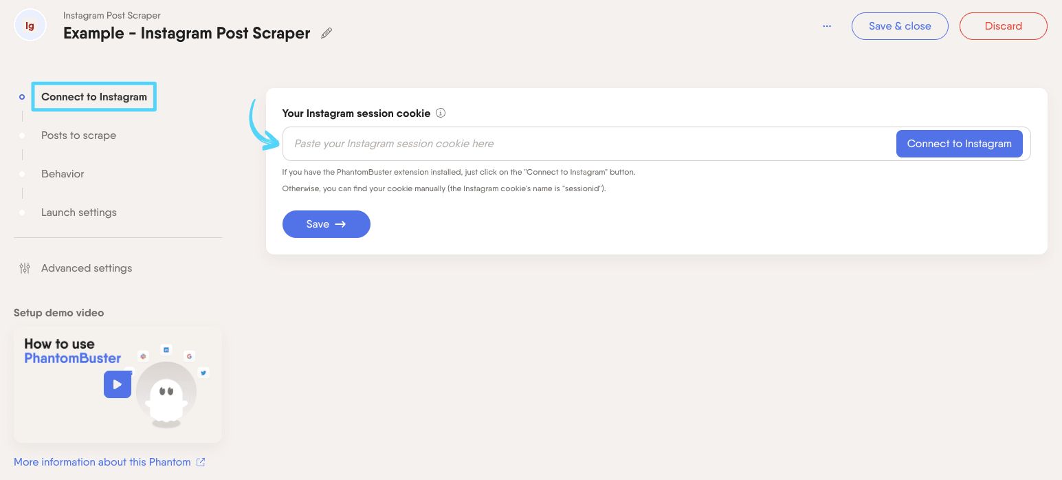 PhantomBuster Instagram Post Scraper step 1 connecting your Instagram account
