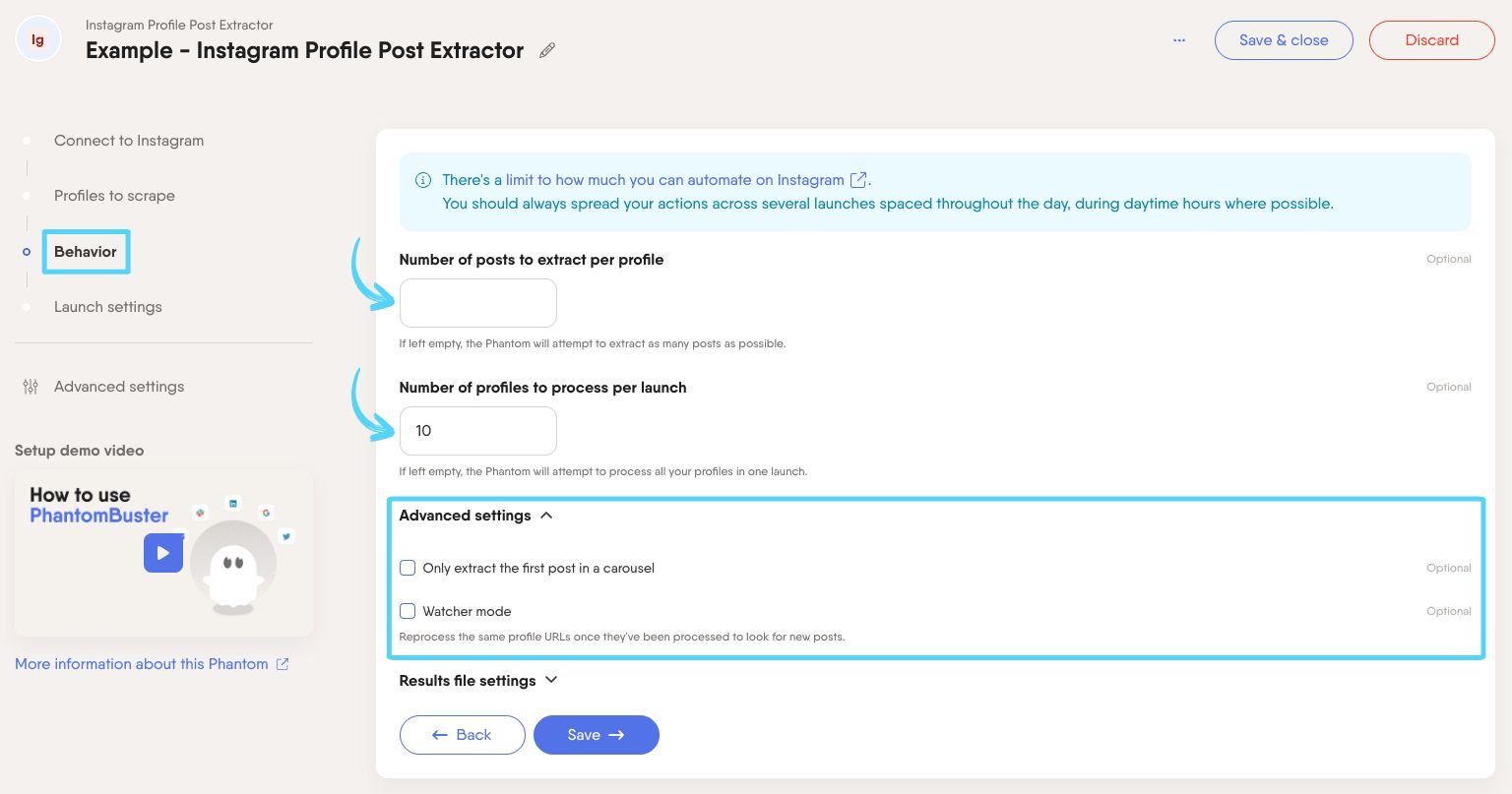 PhantomBuster Instagram Profile Post Extractor step 3 choosing how many posts and profiles to process