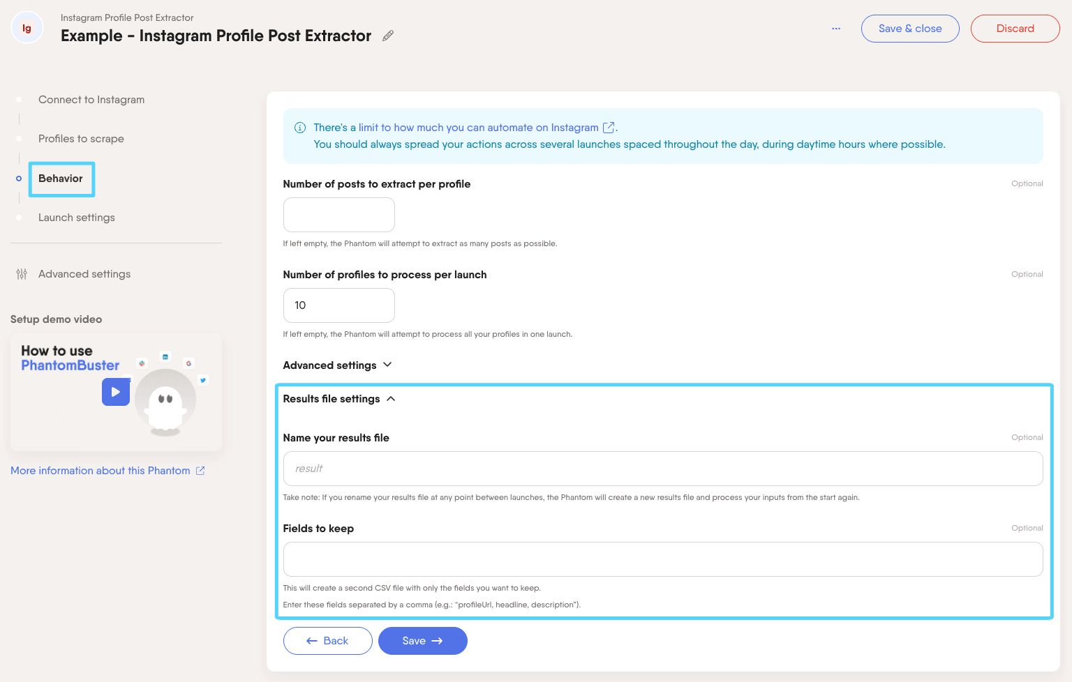 PhantomBuster Instagram Profile Post Extractor step 3 result file settings