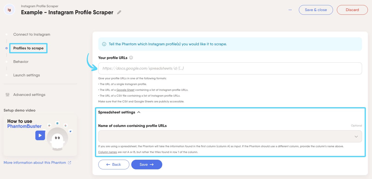 PhantomBuster Instagram Profile Scraper step 2 providing profile URLs