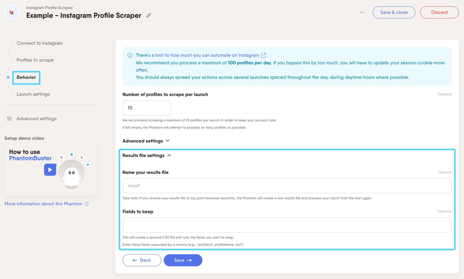 PhantomBuster Instagram Profile Scraper step 3 result file settings