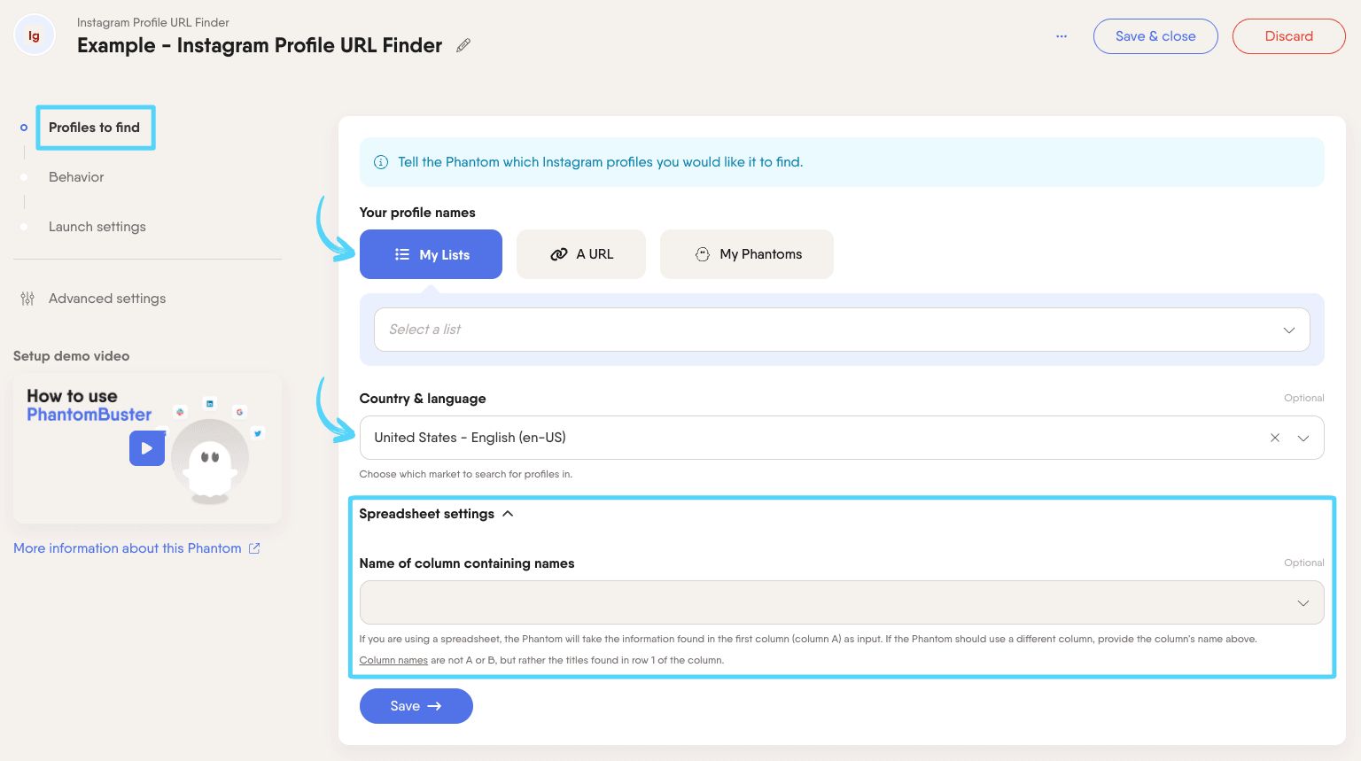 PhantomBuster Instagram Profile URL Finder step 1 providing the names to search