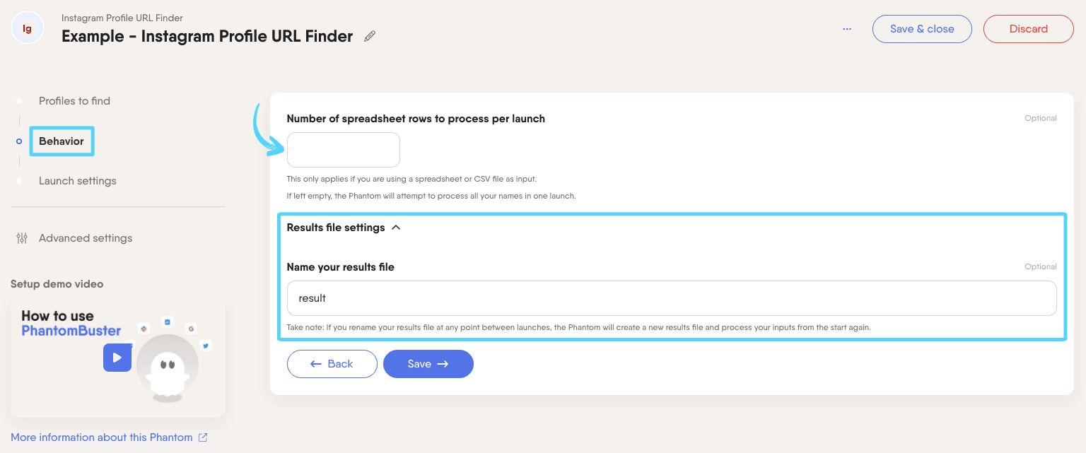 PhantomBuster Instagram Profile URL Finder step 2 configuring extraction options