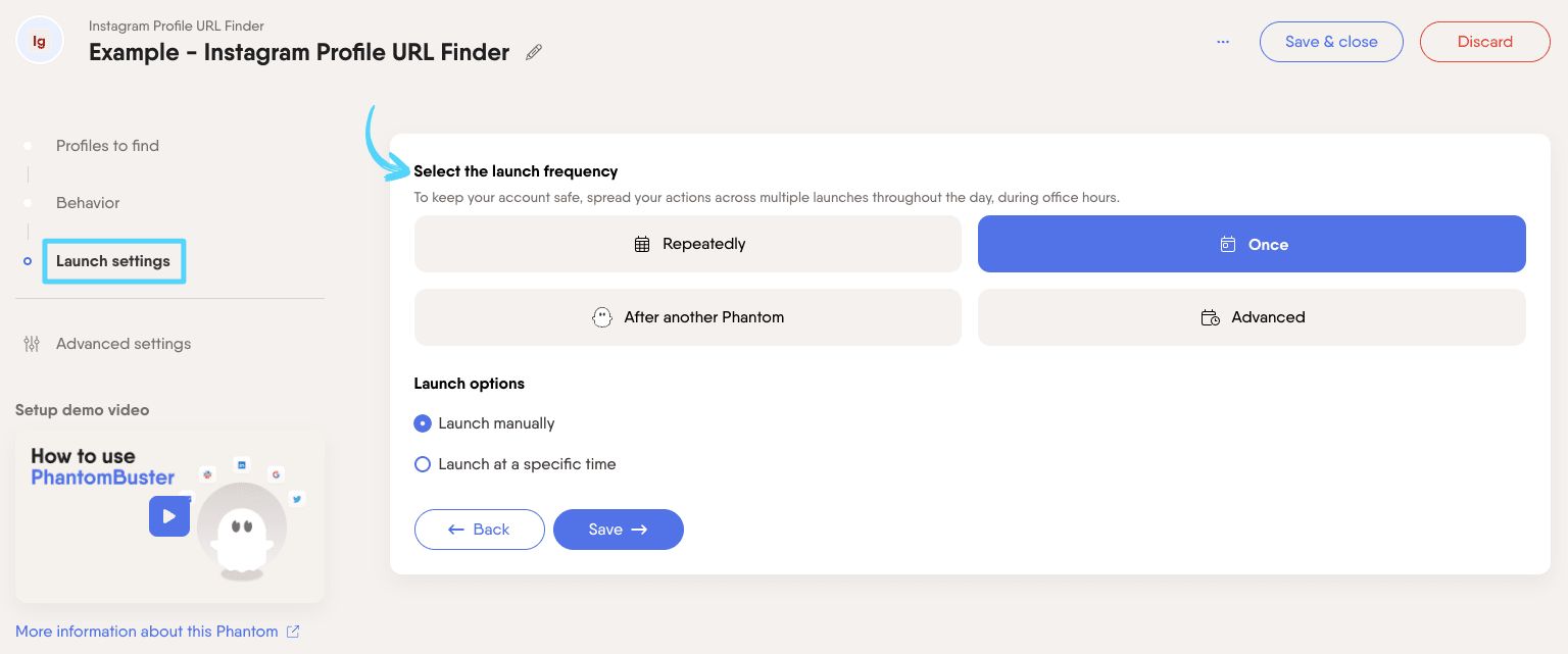 PhantomBuster Instagram Profile URL Finder step 3 selecting launch frequency