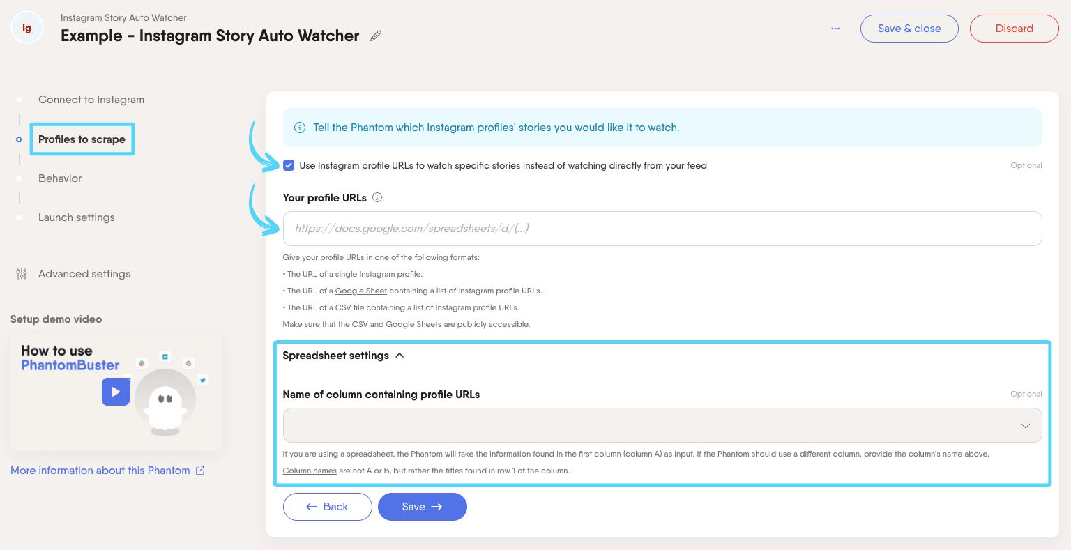 PhantomBuster Instagram Story Auto Watcher step 2 watching stories from specific profile URLs