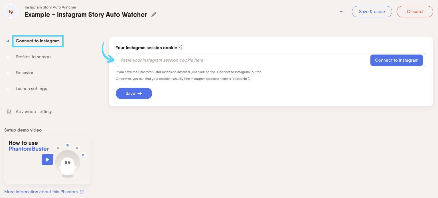 PhantomBuster Instagram Story Auto Watcher step 1 connecting your Instagram account