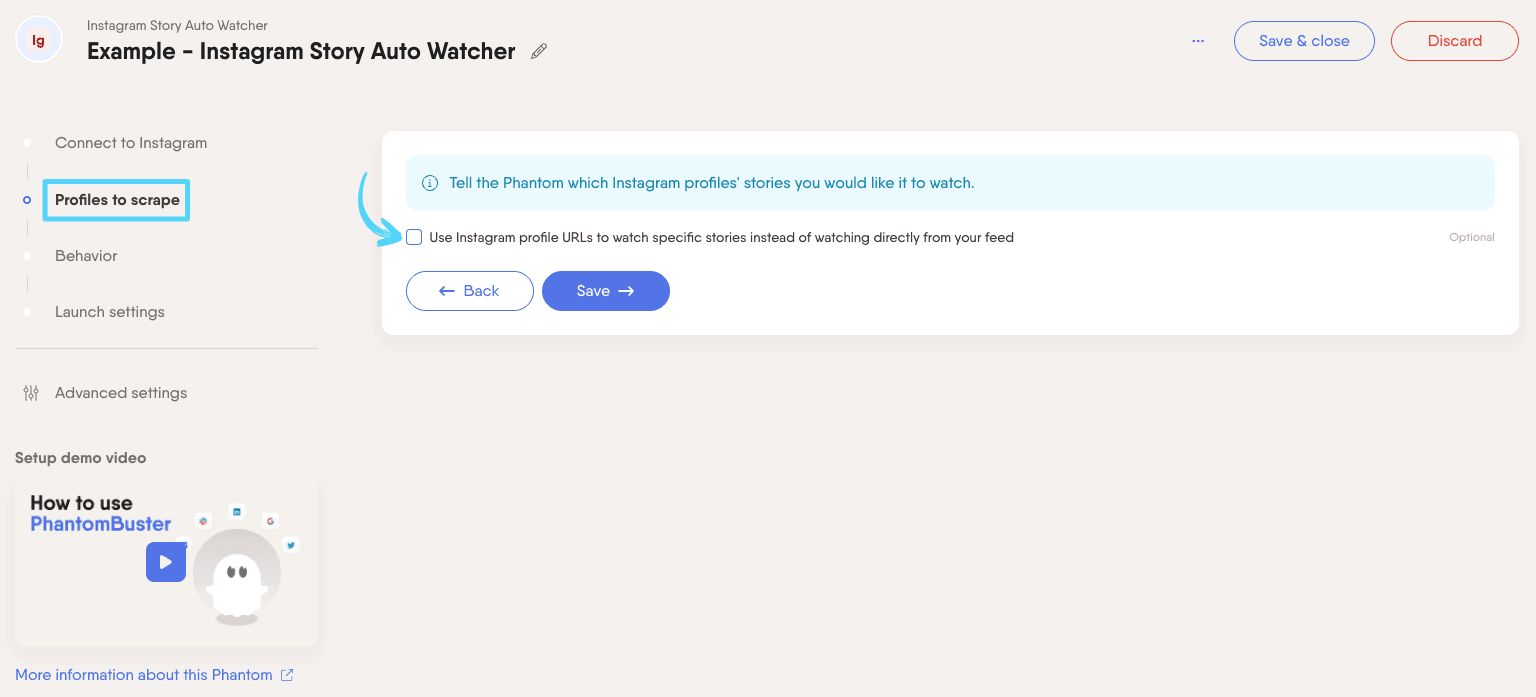 PhantomBuster Instagram Story Auto Watcher step 2 choosing how to watch stories