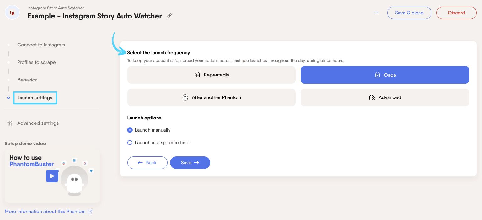 PhantomBuster Instagram Story Auto Watcher step 4 selecting launch frequency