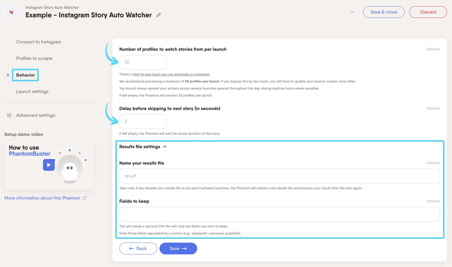 PhantomBuster Instagram Story Auto Watcher step 3 configuring story-watching behavior
