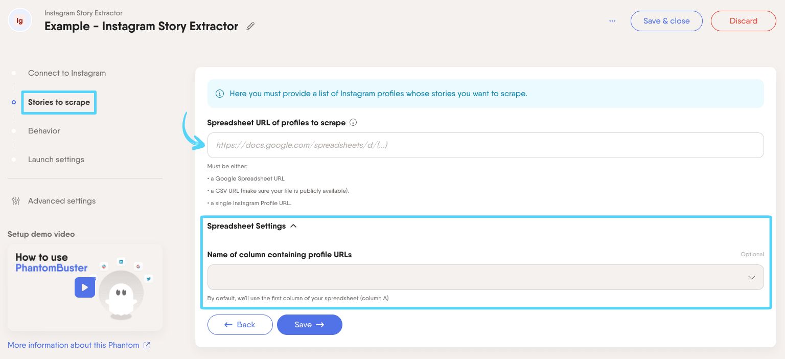PhantomBuster Instagram Story Extractor step 2 providing profile URLs
