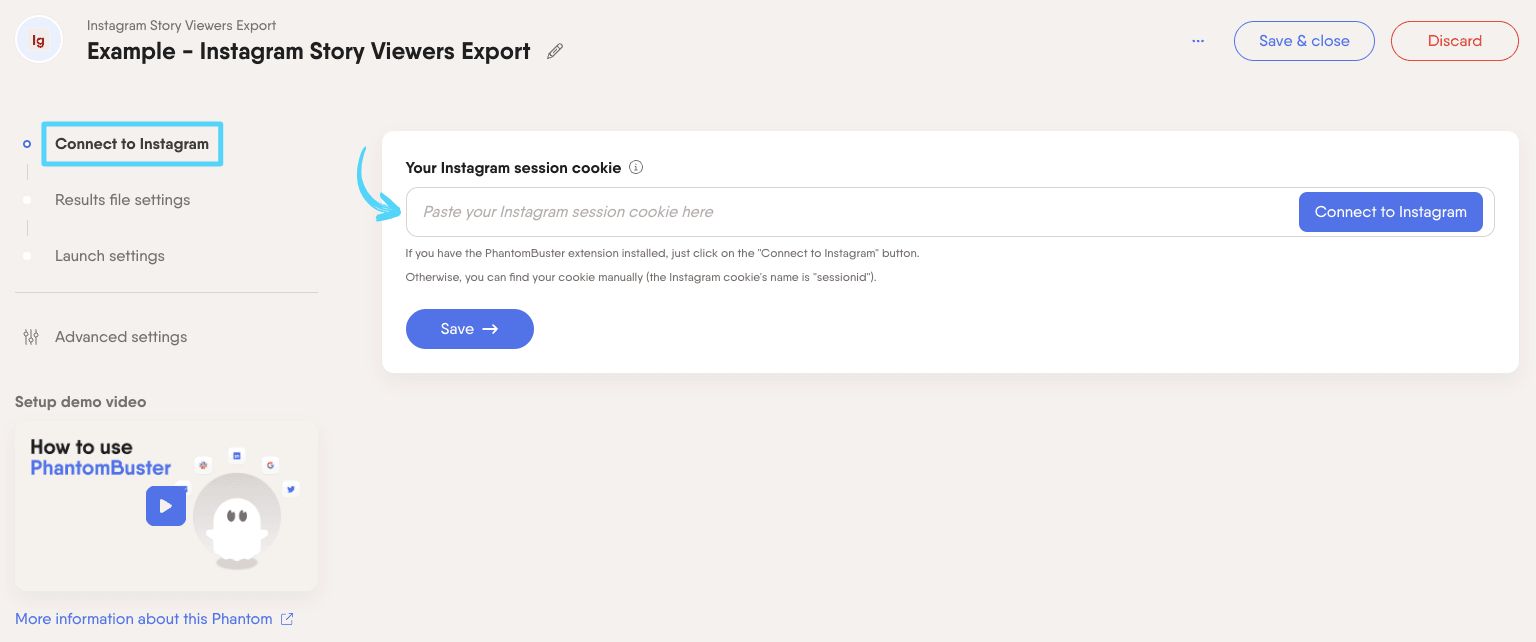 PhantomBuster Instagram Story Viewers Export step 1 connecting your Instagram account