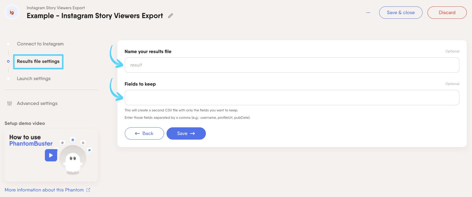 PhantomBuster Instagram Story Viewers Export step 2 configuring your results