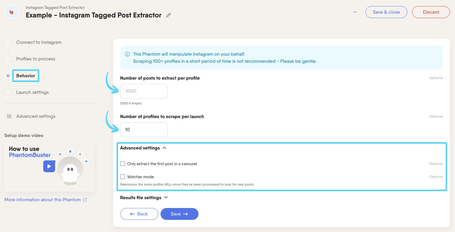 PhantomBuster Instagram Tagged Post Extractor step 3 configuring extraction options
