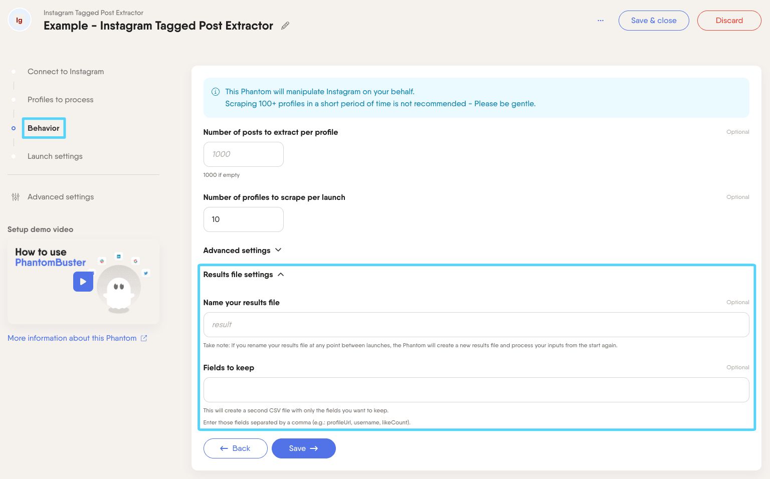 PhantomBuster Instagram Tagged Post Extractor step 3 result file settings
