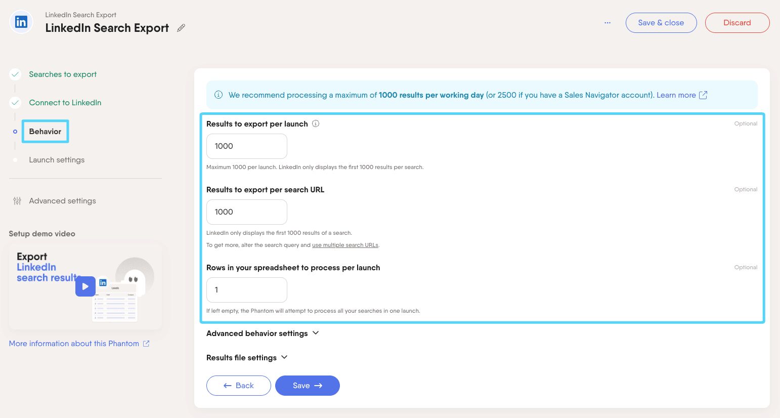 PhantomBuster LinkedIn Search Export Behavior step showing recommended settings: 1000 results per search, 1000 per launch, 1 row per launch