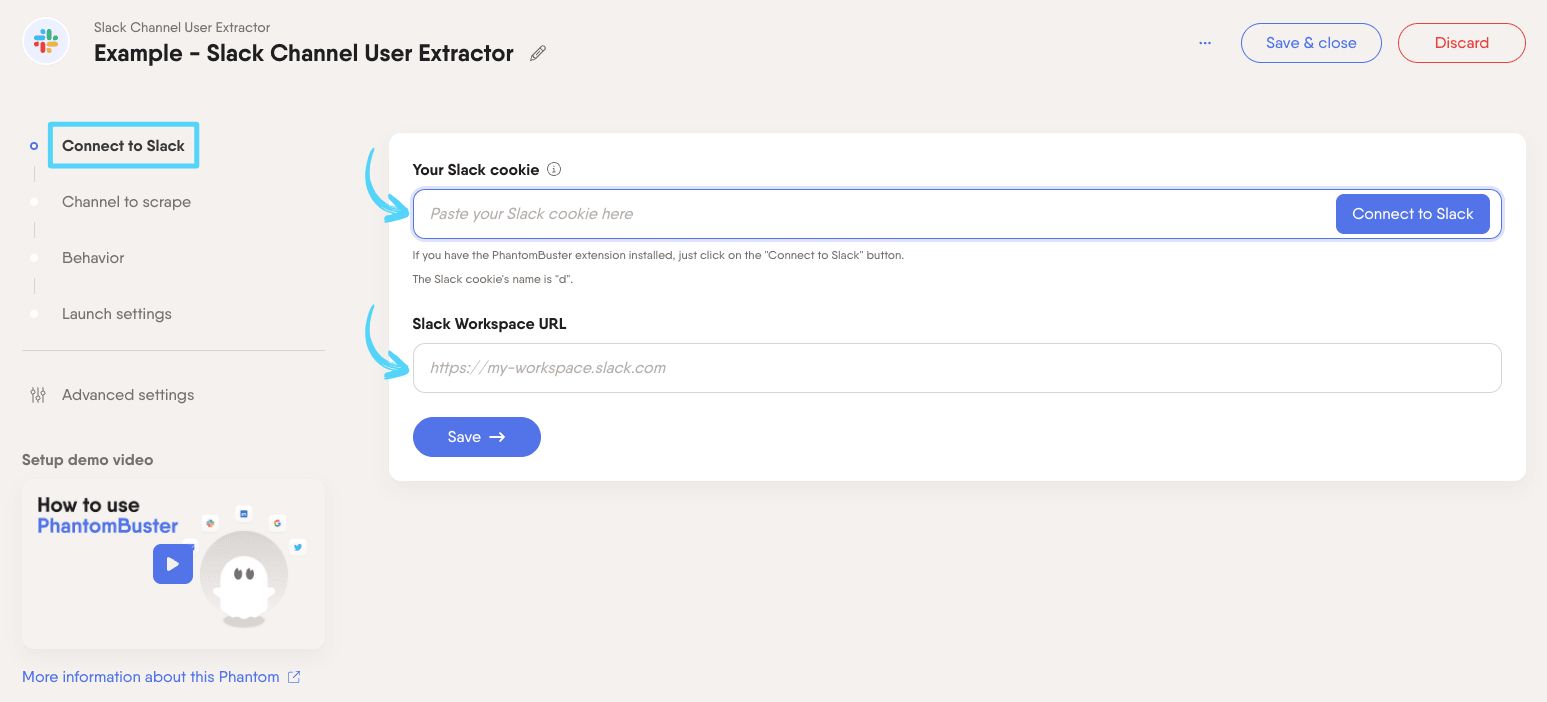 PhantomBuster Slack Channel User Extractor step 1 connecting your Slack account