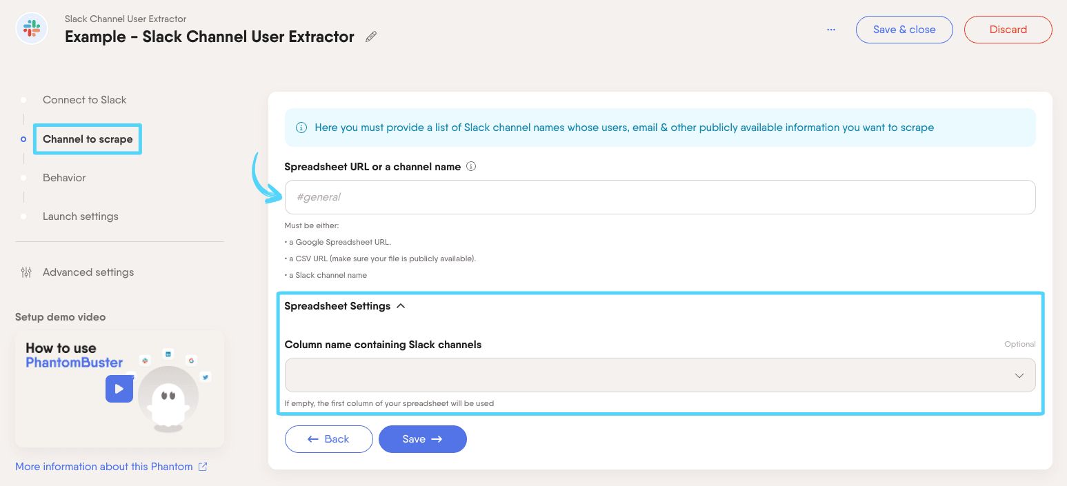 PhantomBuster Slack Channel User Extractor step 2 providing the channels to extract